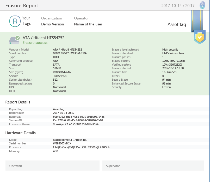 Youwipe Certificate Report